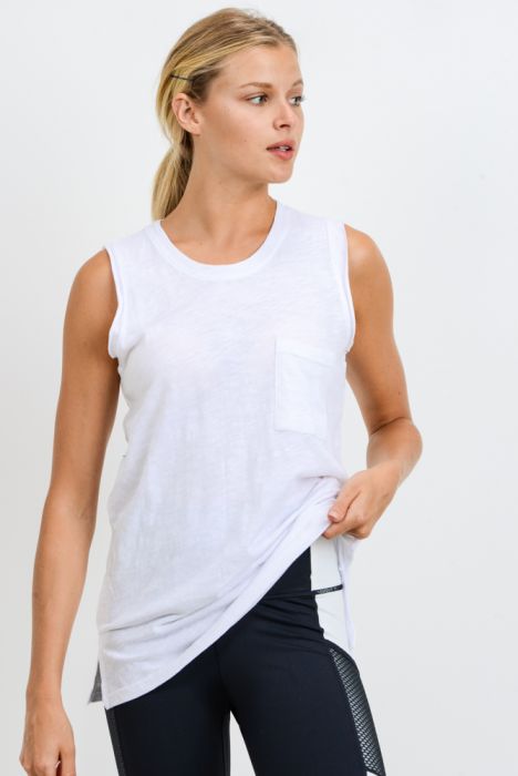 White Essential Cotton Sleeveless Pocket Shirt