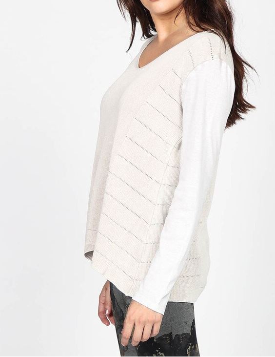 V-Neck Long Sleeve Sweater with Contrast Fabric Sleeves